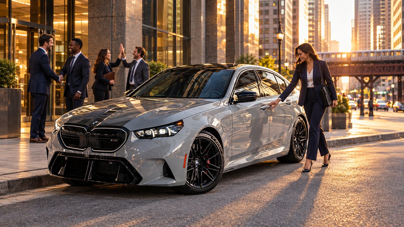 Colleagues celebrate a business deal beside a gray BMW M5 in the Chicago Loop