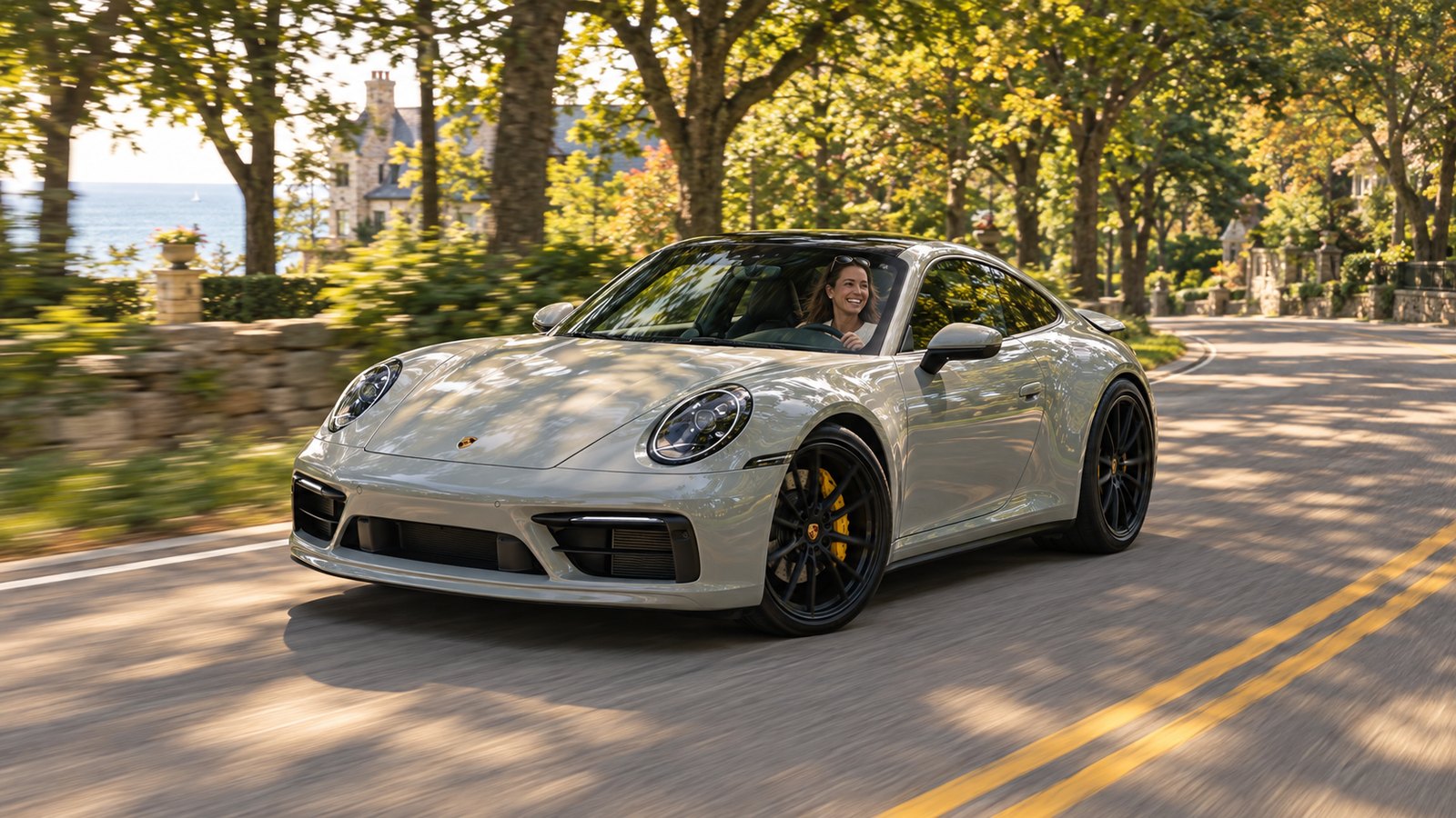 A silver Porsche 911 on a tree-lined stretch of Sheridan Road on a summer afternoon